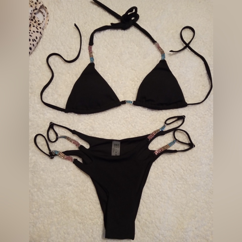 Elegant Black Bikini with Beaded Accents
